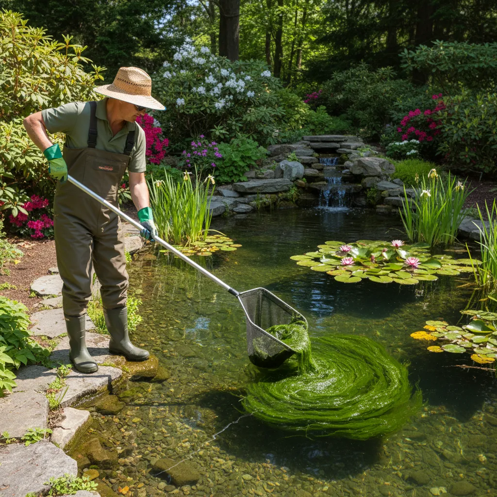 Gärtner reinigt einen Gartenteich mit einem Algenkescher, sauberes Teichwasser mit Wasserpflanzen im Hintergrund
