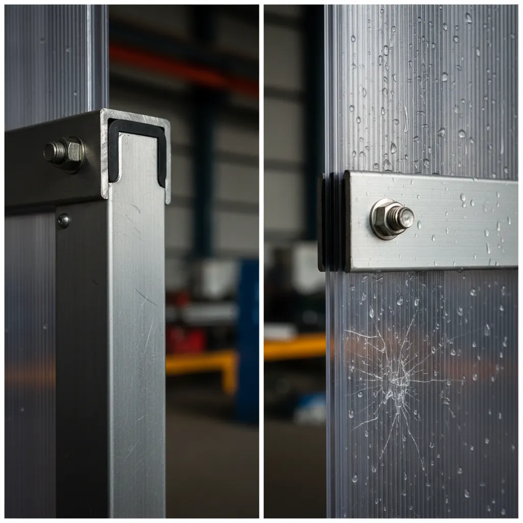 Detailaufnahme eines Alu-Rahmens mit wetterfesten Hohlkammerplatten, Material und Verarbeitung deutlich erkennbar