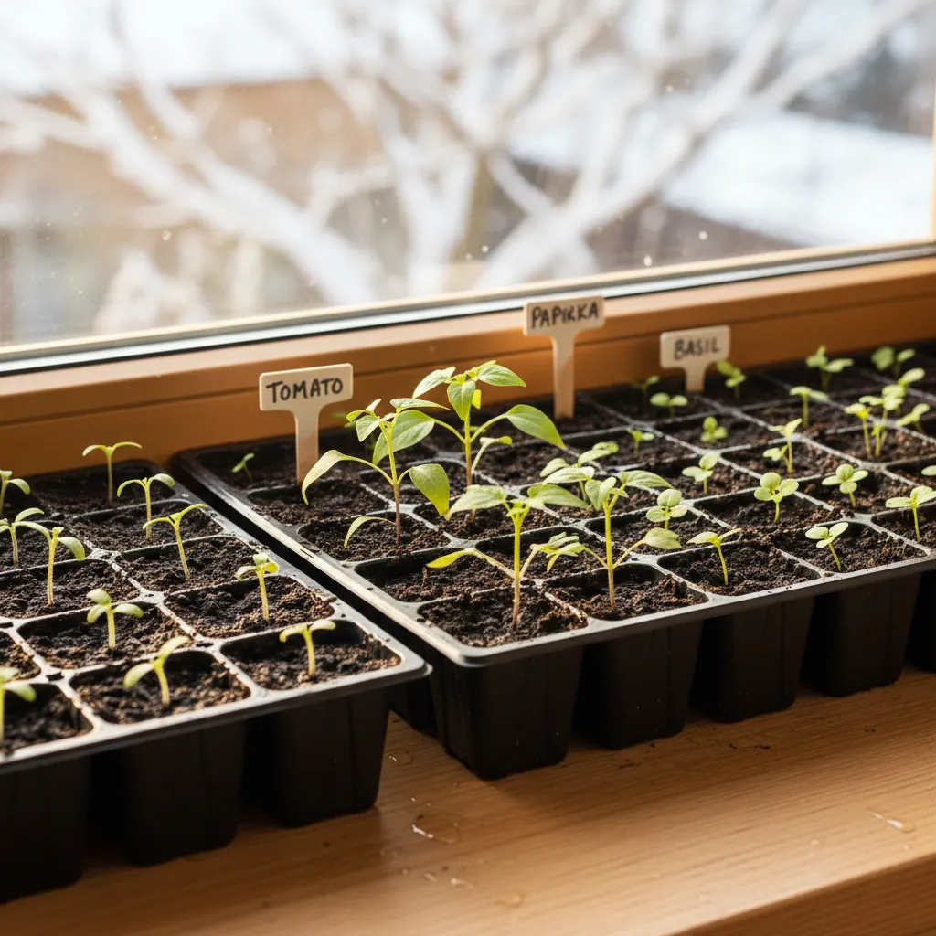 Anzuchttöpfe auf der Fensterbank mit Gemüsesätzlingen wie Tomaten und Paprika, typisch für Februar-Gartenarbeit