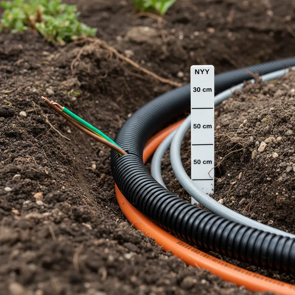 Detailaufnahme: Erdkabel für Gartenbeleuchtung in Kunststoffrohr verlegung mit Tiefenmarkierungen im Boden zur fachgerechten Installation