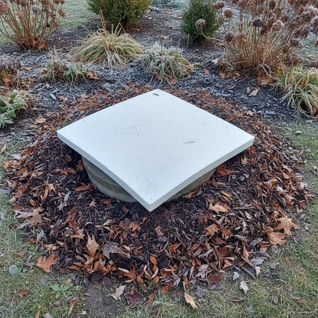 Wasseruhr im Gartenbeet mit Styropor-Platte und Schutzschichten isoliert gegen Frost
