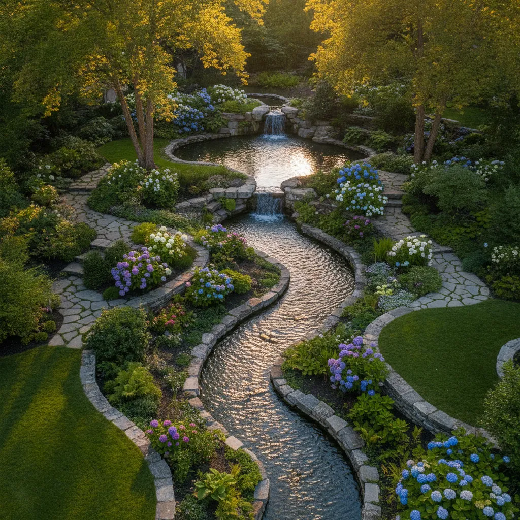 Ein fertig angelegter Bachlauf mit Wasserfall, Steinen und Pflanzen im Garten – Beispiel für ein realisiertes Bachlauf-Projekt