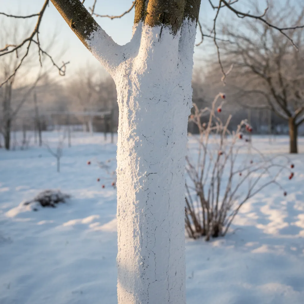 Nahaufnahme eines frisch geweißten Baumstamms mit brillantem weißem Schutzanstrich im unteren Bereich, reflektierende Wintersonne, effektiver Frostschutz für den Baum