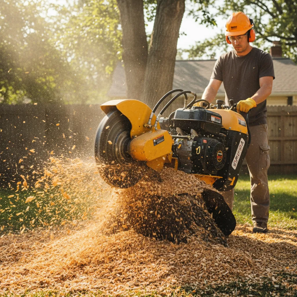 Eine professionelle Stubbenfräse zerlegt einen Baumstumpf in feines Mulch-Material zur kostengünstigen Entfernung
