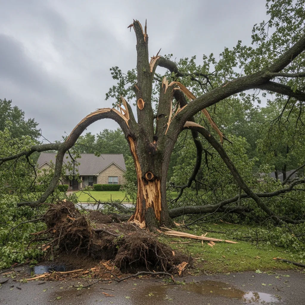 Baum mit Sturmschäden: abgebrochene Äste und beschädigte Rindenbereiche nach extremem Witterungsereignis