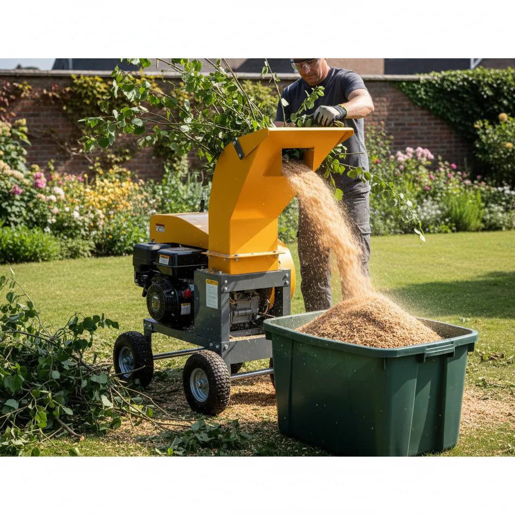 Häckselmaschine zerleinert Baumschnitt zu Mulch-Chips – zeigt professionelle Verwertung von Schnittmaterial im Garten für Kompostierung