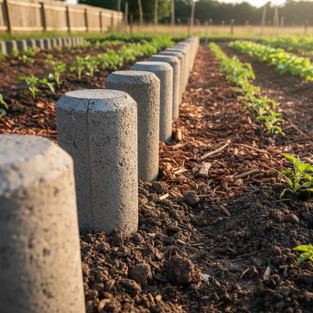 Detailaufnahme einer Beeteinfassung aus Beton bei der Verlegung mit sichtbarer Verankerung im verdichteten Boden
