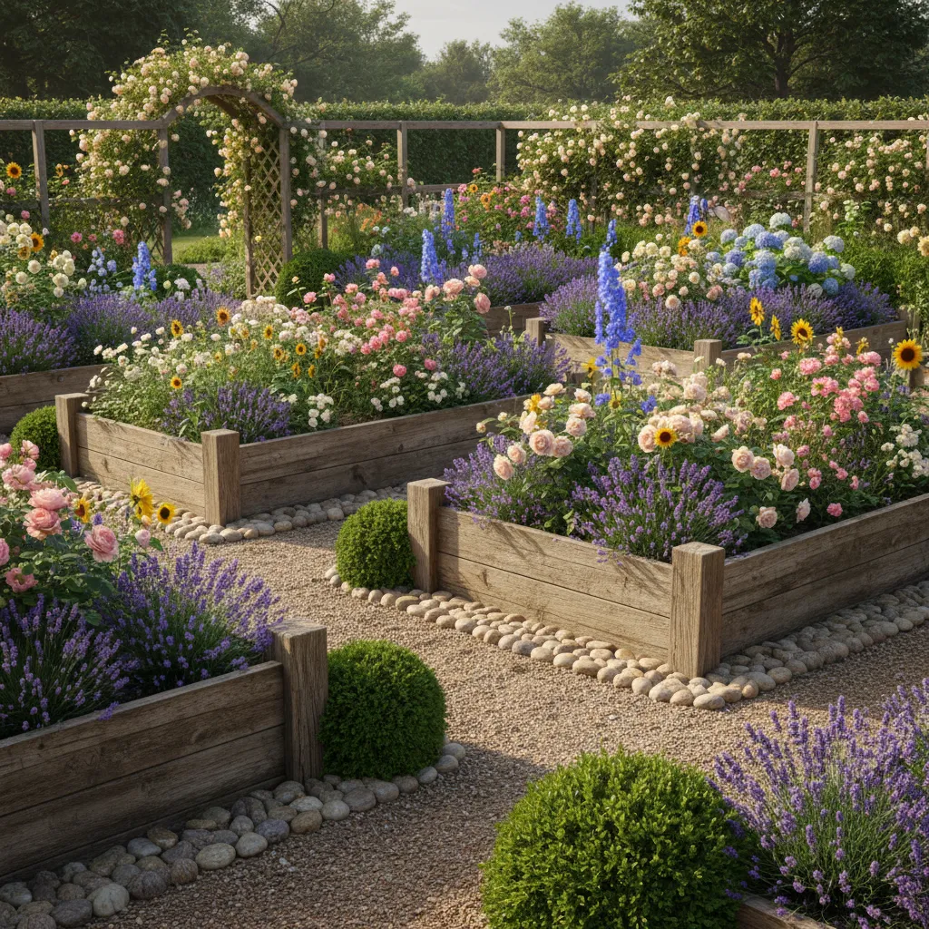 Klassischer Bauerngarten mit hölzerner Beeteinfassung, Lavendel und Buchsbaumrahmen als Beetumrandung