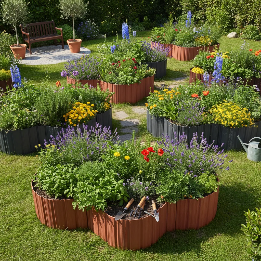 Gartengestaltung mit verschiedenen Kunststoff-Beeteinfassungen: Gerade und geschwungene Beete mit unterschiedlichen Kunststoffkanten und Bepflanzung