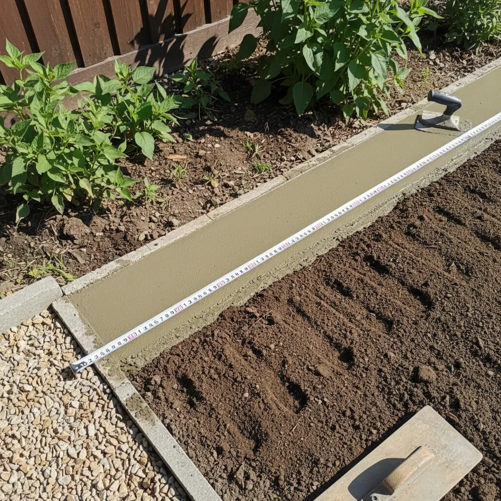 Betonfundament für Randsteine: Berechnung der Betonmenge pro Meter mit sichtbarem Untergrund und Verdichtung – Draufsicht auf die Arbeitsvorbereitung