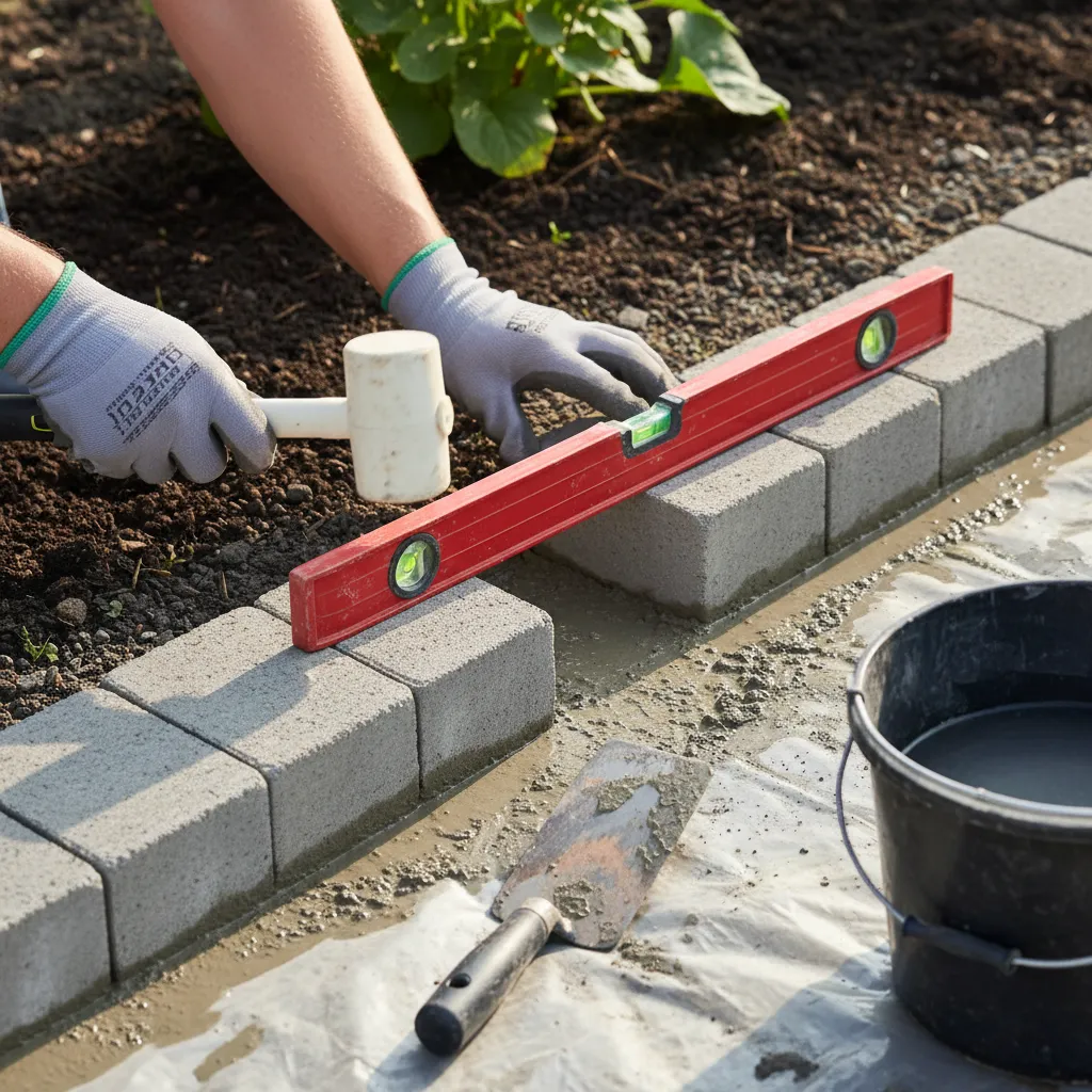 Rasenkantensteine werden in frisches Betonfundament mit Gummihammer und Wasserwaage gesetzt – professionelle Verlegetechnik für Randsteine im Garten