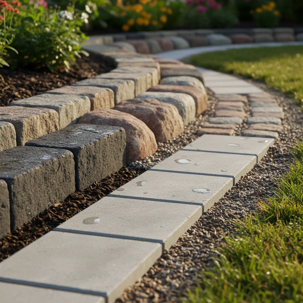 Verschiedene Betonrandsteine und Rasenmähkanten in unterschiedlichen Farben und Höhen zeigen die Designvielfalt der Beeteinfassung