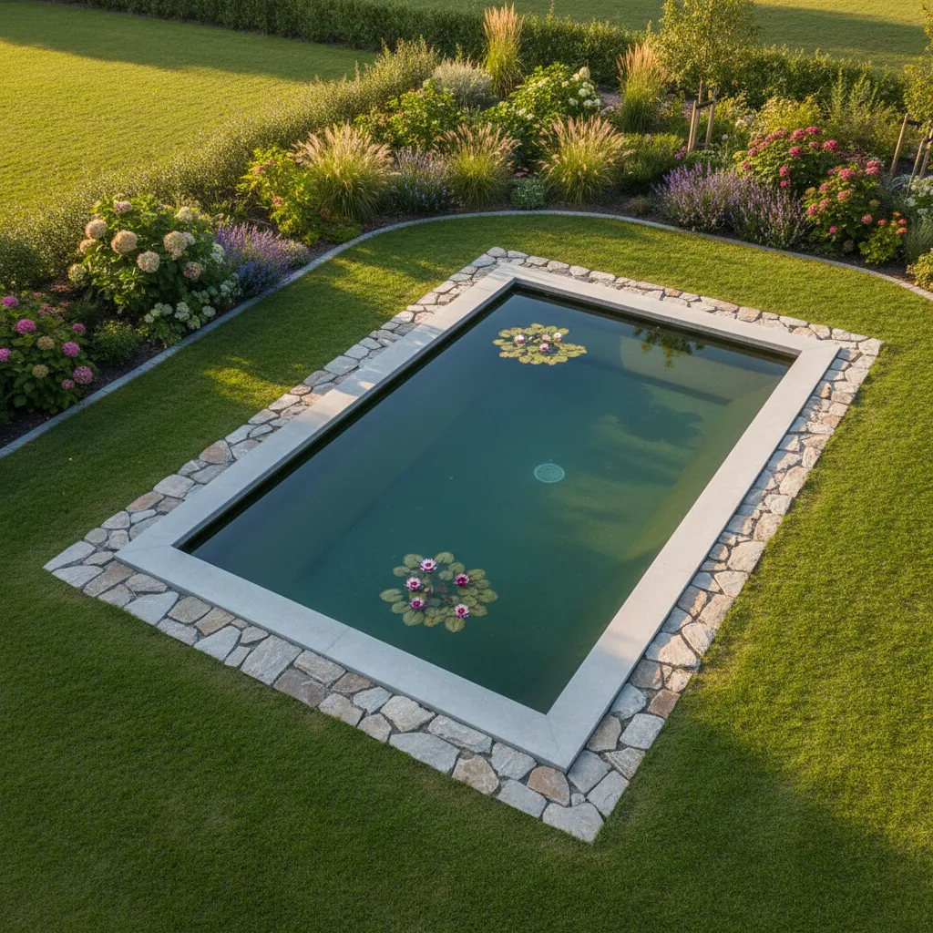 Fertiger Betonteich im Garten mit Natursteinrand, klarem Wasser und Wasserpflanzen, von oben fotografiert