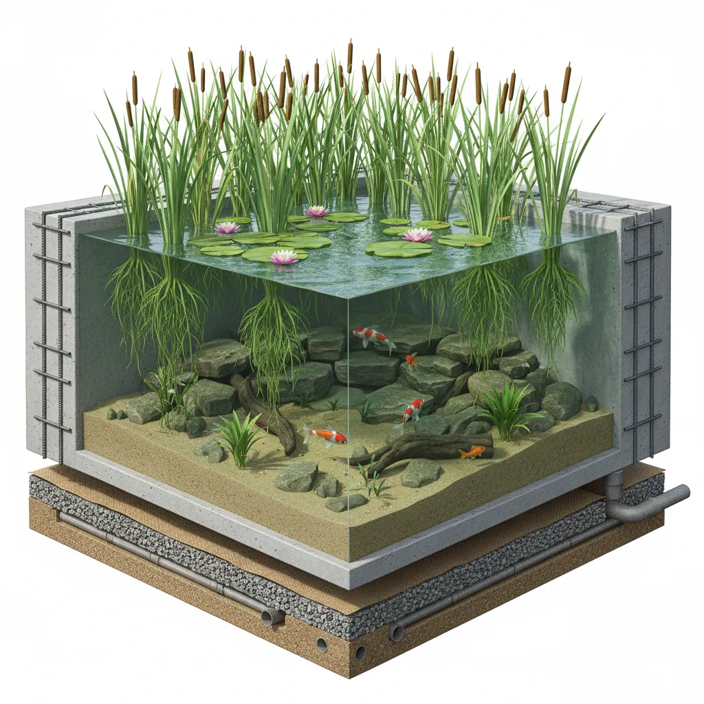Betonteich Querschnitt mit Tiefenzonen: Sumpfzone, Flachwasserzone und Tiefwasserzone mit Wasserpflanzen und Fischen