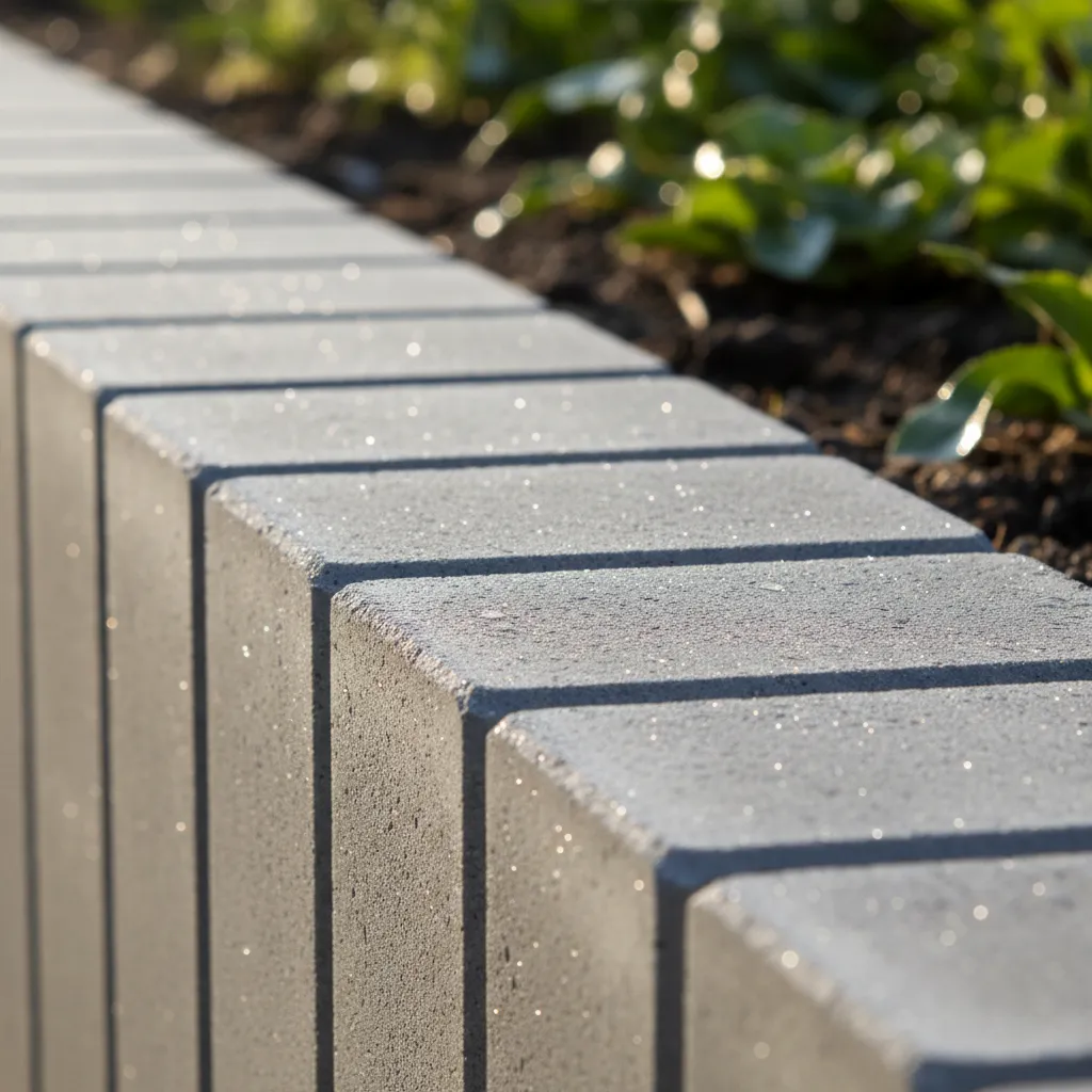 Fachgerecht verlegte Betonrandsteine mit gleichmäßigen Fugen zwischen Rasenfläche und Gartenbeet