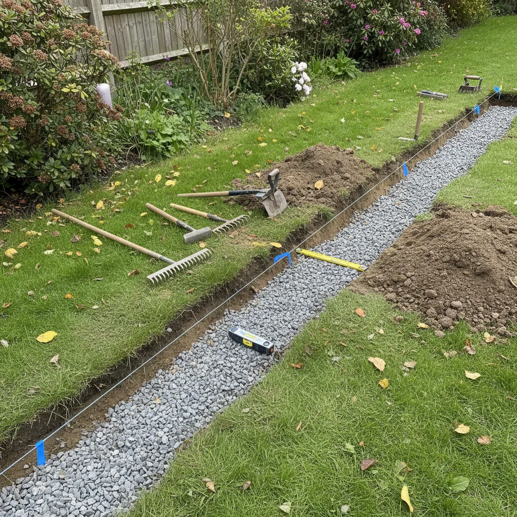 Vorbereitung des Fundaments für Rasenkantensteine mit Schnur, Verdichtung und Drainageschicht