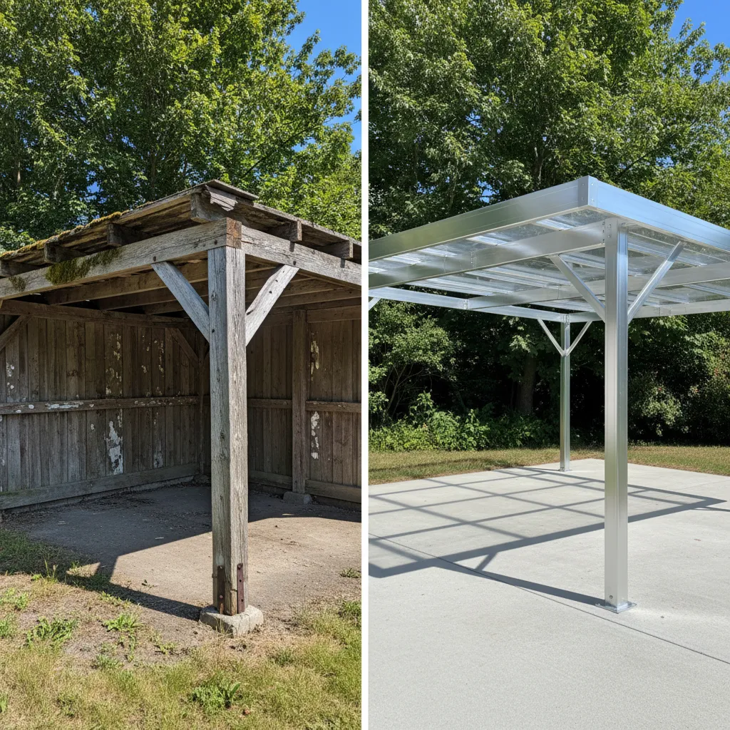 Vergleich: Links traditioneller Holz-Carport mit Wartungsspuren, rechts glänzender Aluminium-Carport in perfektem Zustand – Unterschiede deutlich sichtbar