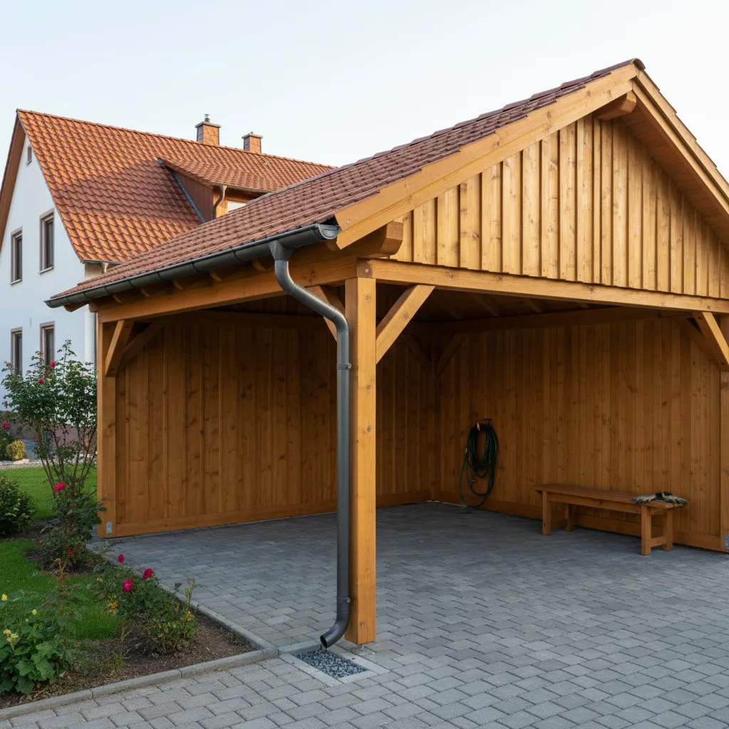 Fertiger Holz-Carport mit Satteldach, Lärchenholz, Dachrinne sichtbar, im Wohnumfeld eines modernen Hauses