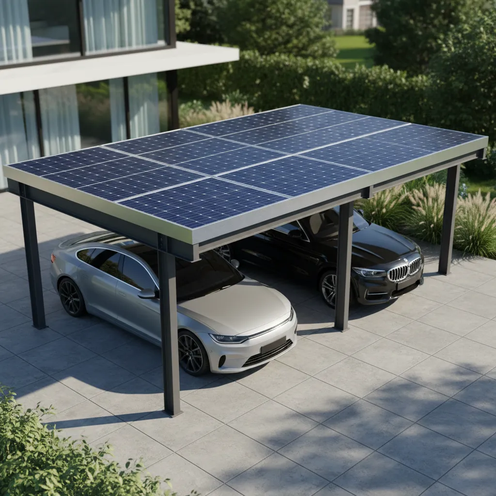 Doppelcarport aus Aluminium und Stahl mit Flachdach und integrierten Solarpaneelen, bietet Platz für zwei Fahrzeuge, moderne Industrieoptik