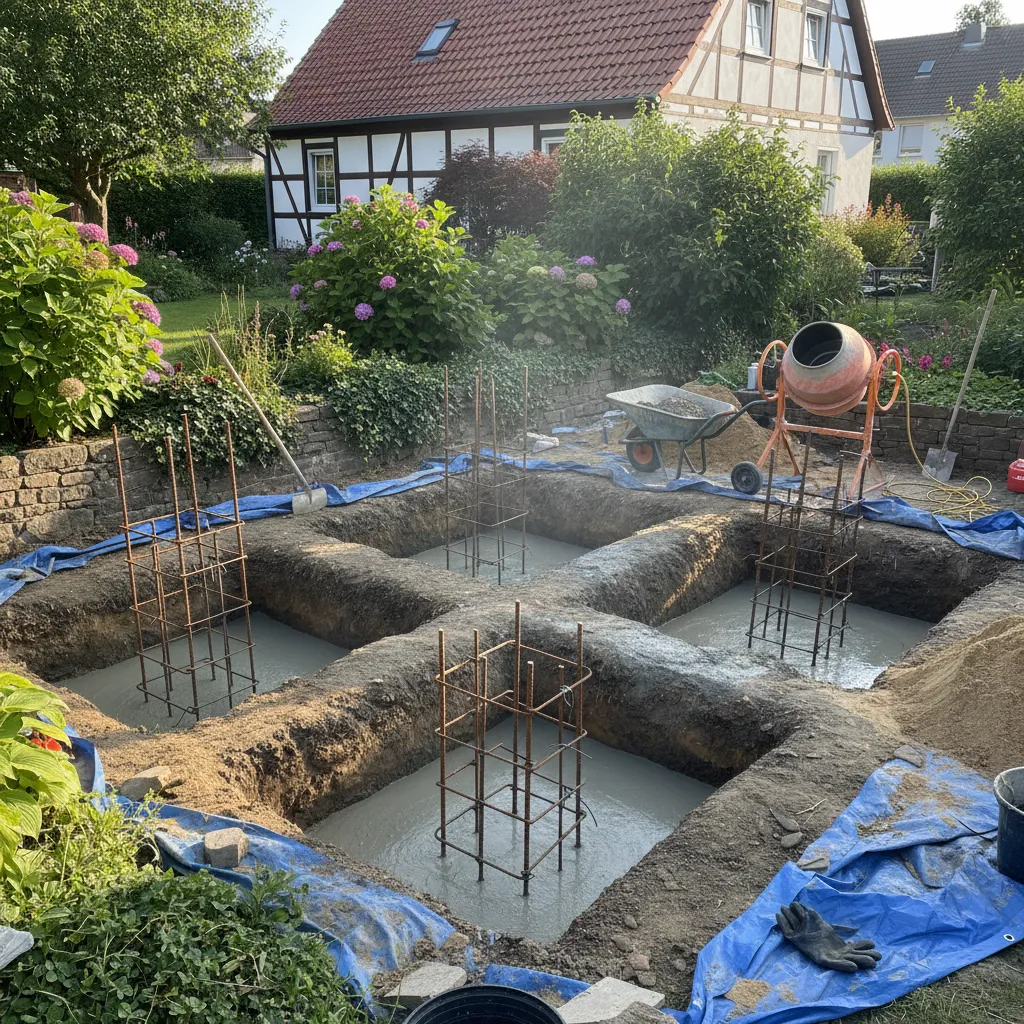 Fundament für Carport mit ausgehobenen Löchern, Stahlbewehrung und gesetzten Ankerbolzen, frisch betoniert