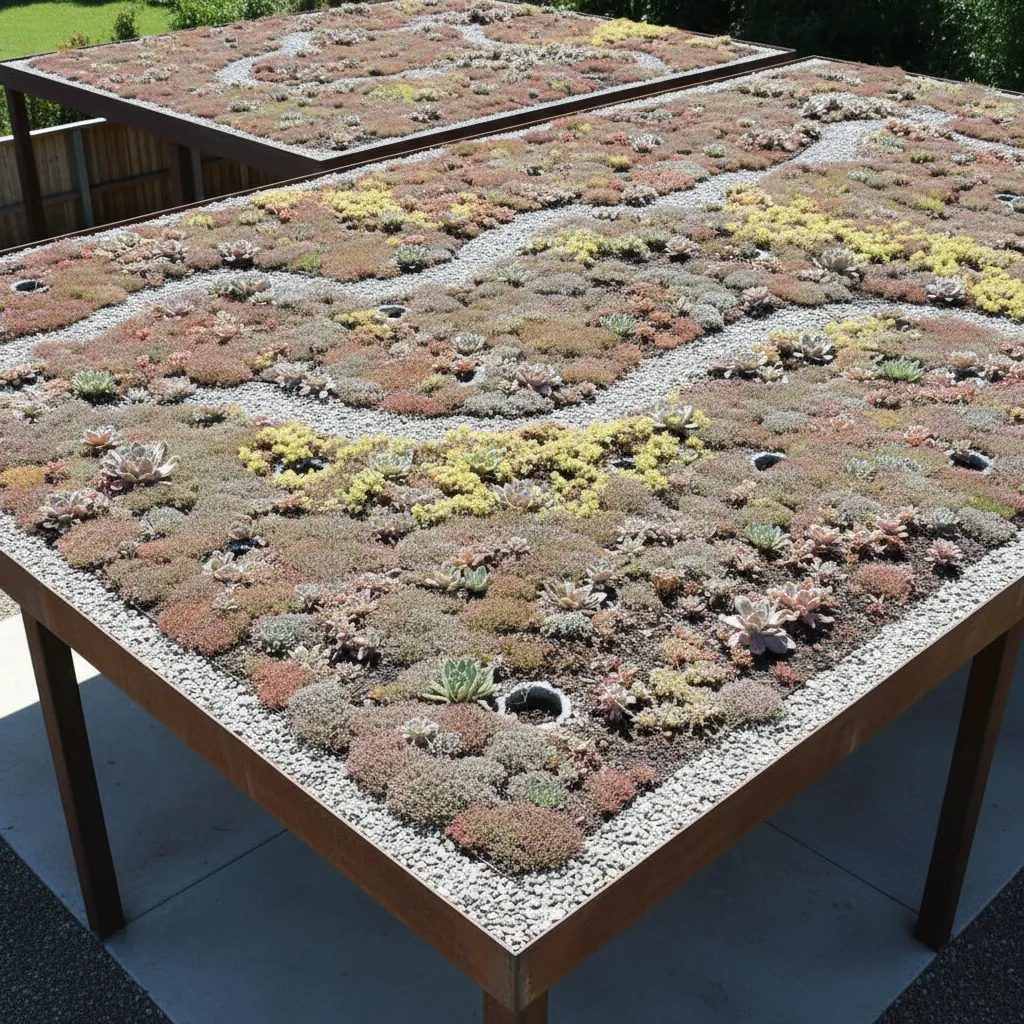 Carport mit extensiver Dachbegrünung aus pflegeleichten Sedum-Pflanzen und robusten Sukkulenten