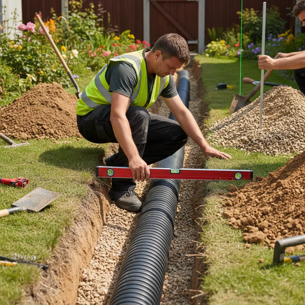 Drainage verlegen mit korrektem Gefälle: Arbeiter prüft Neigung mit Messwerkzeug beim Einbau des Drainagerohrs