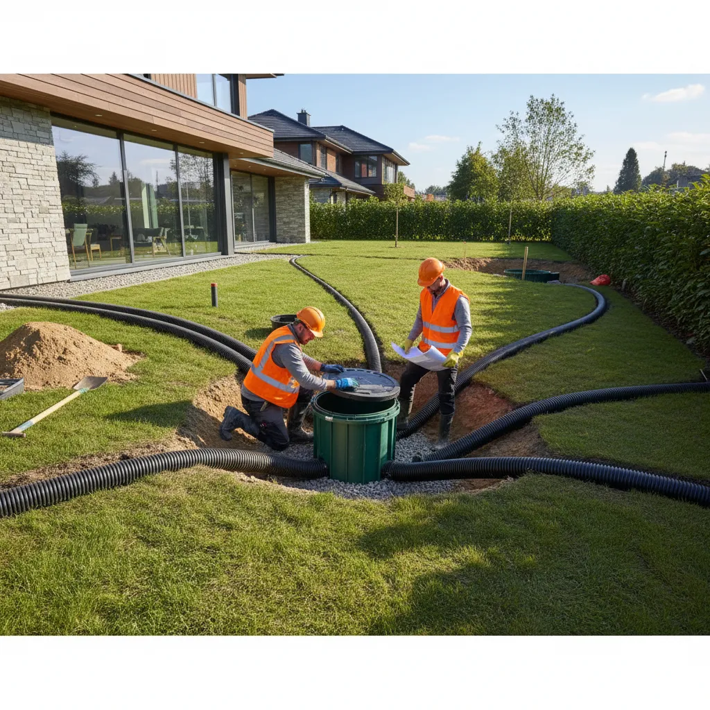 Gartendrainage mit mehreren Drainagerohren, die zu einem zentralen Drainageschacht führen, Inspektionsarbeiten vor Ort