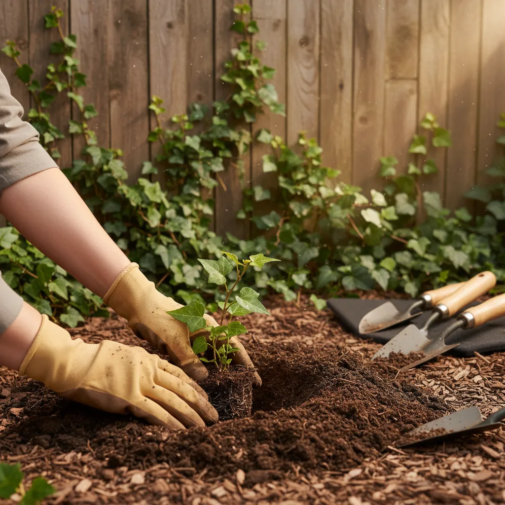 Junge Efeu-Pflanze wird fachmännisch mit Handschuhen in den Boden neben einen Gartenzaun gepflanzt, Schritt-für-Schritt Pflanzung