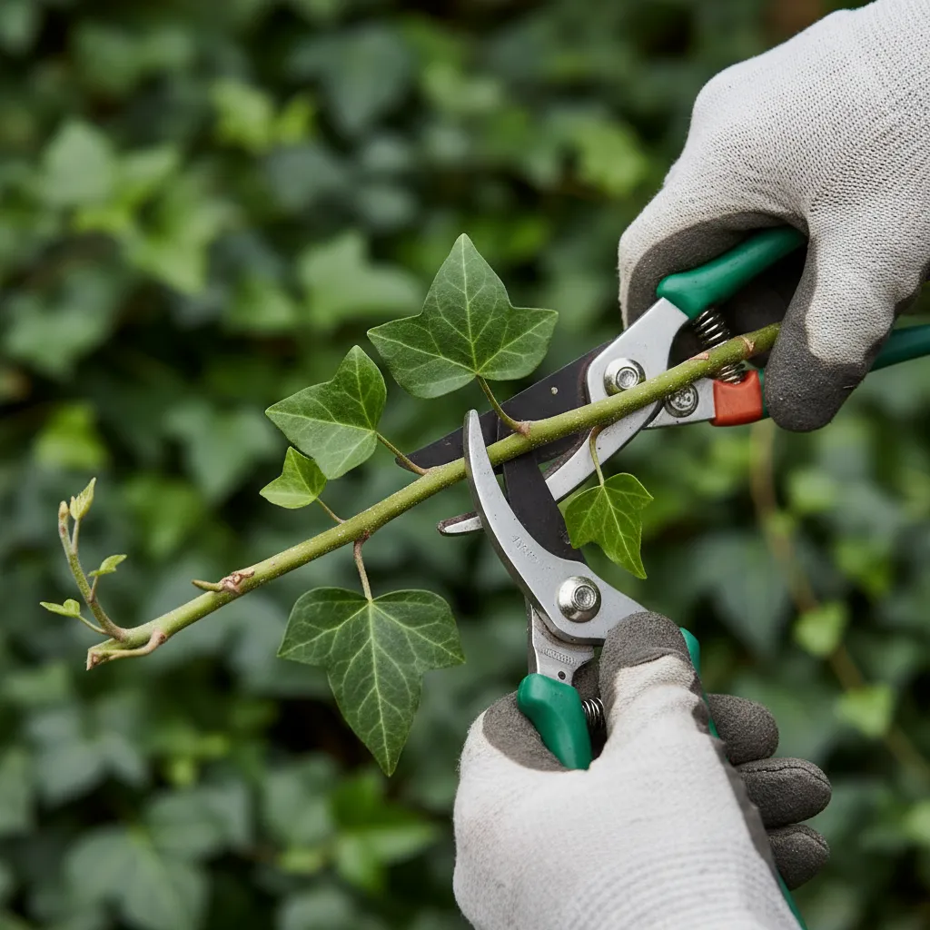 Gartenbauer schneidet Efeu-Trieb mit scharfer Gartenschere ab, halbreifer grüner Ranke mit Blattknotenpunkt im Fokus