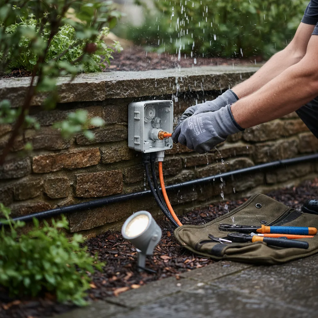 Wasserdichter IP67-Kabelverbinder für Gartenbeleuchtung wird fachgerecht angebracht, zeigt sichere Abdichtung gegen Feuchtigkeit