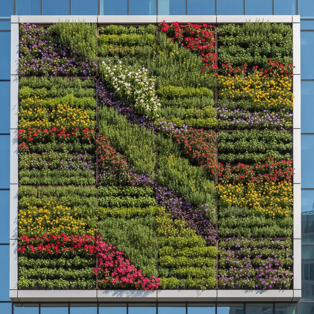 Premium-Fassadenbegrünung: Wandgebundenes Modulsystem (Living Wall) mit automatischer Bewässerung an Bürogebäude – hochwertige Variante