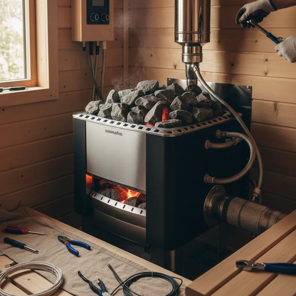 Detail eines professionell installierten Saunaofens mit Steinen und technischer Einbindung in die Fasssauna