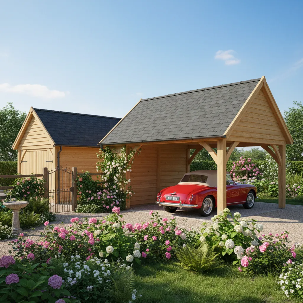 Fertiggarage aus Holz als Carport mit Auto in Gartensetting