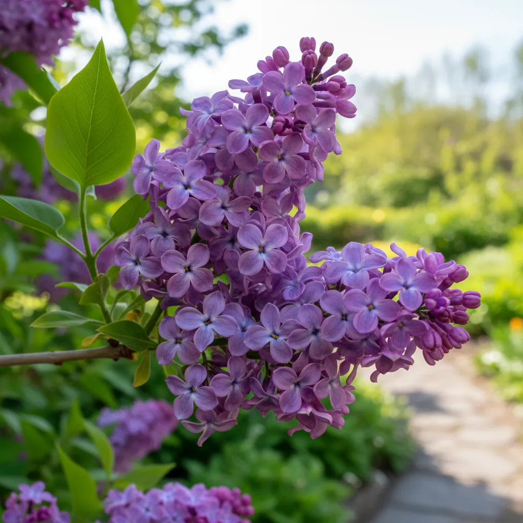 Üppig blühender Flieder mit leuchtend violetten, dicht gedrängten Blütentrauben und grünen Blättern im Frühling