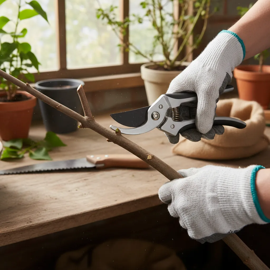 Gärtner beim fachgerechten Schneiden eines Flieders mit Gartenschere, korrekte Schnittposition oberhalb von Blattknoten erkennbar