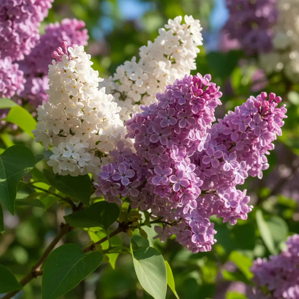 Nahaufnahme verschiedener Fliedersorten in Violett, Rosa und Weiß mit üppigen Blütentrauben im Mai-Garten