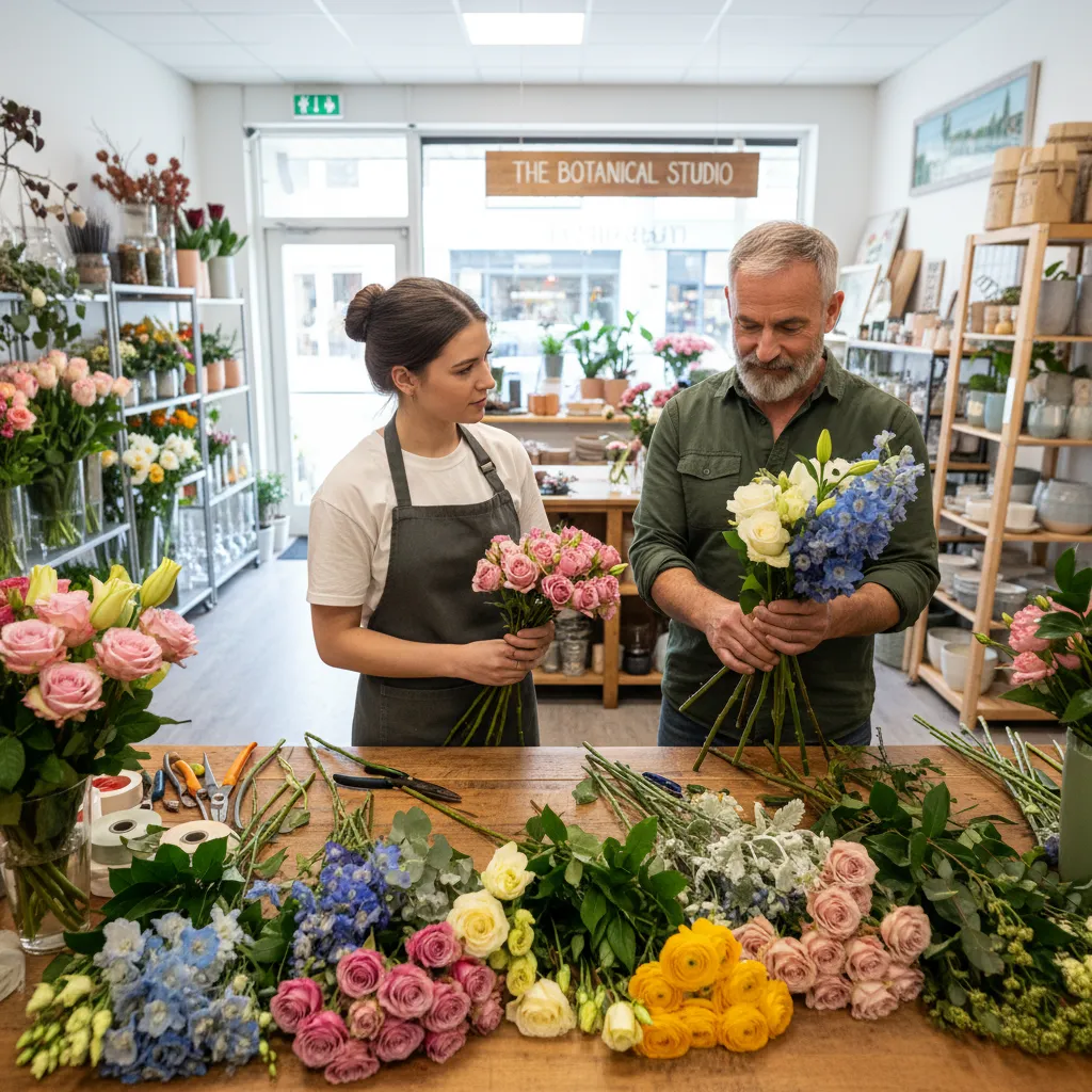 Auszubildender Florist wird von erfahrenem Meister in die Florist Ausbildung unterrichtet - duales Lernsystem in der Praxis