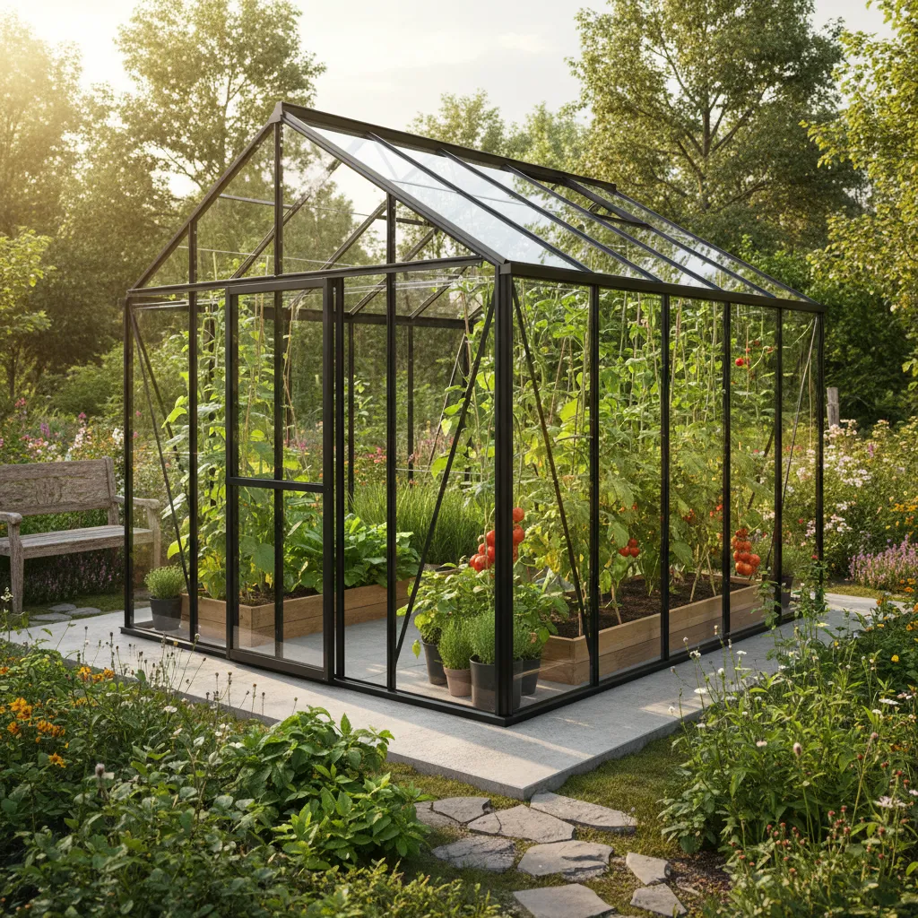 Modernes Glasgewächshaus mit Aluminiumrahmen im Garten, durch das Sonnenlicht scheint – eine langlebige Alternative zu Foliengewächshäusern mit optimalem Lichtdurchsatz