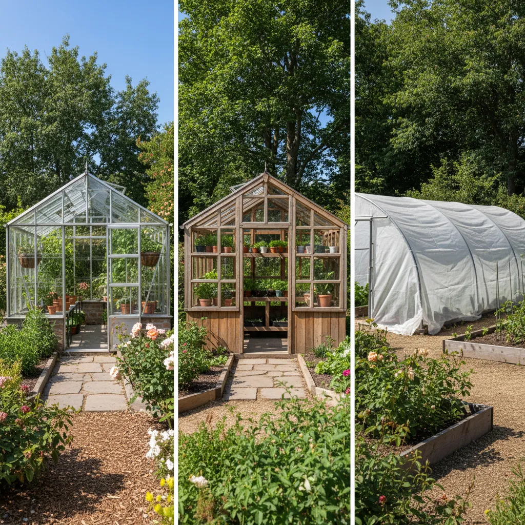 Vergleich von Gewächshaus-Alternativen: Glasgewächshaus, Holzgewächshaus und Folientunnel nebeneinander im Garten zum Material-Vergleich