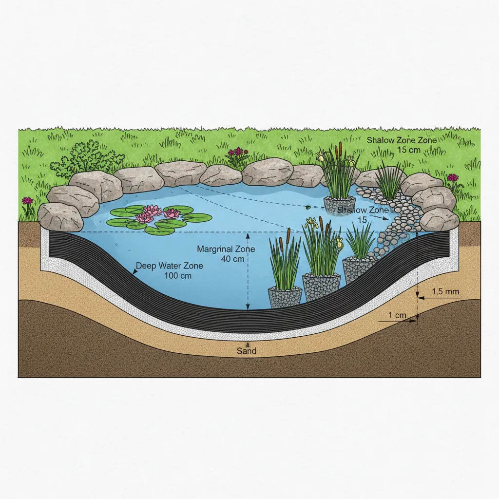 Schematischer Aufbau eines Folienteichs mit Sandschicht, Teichvlies und Teichfolie in mehreren Zonen
