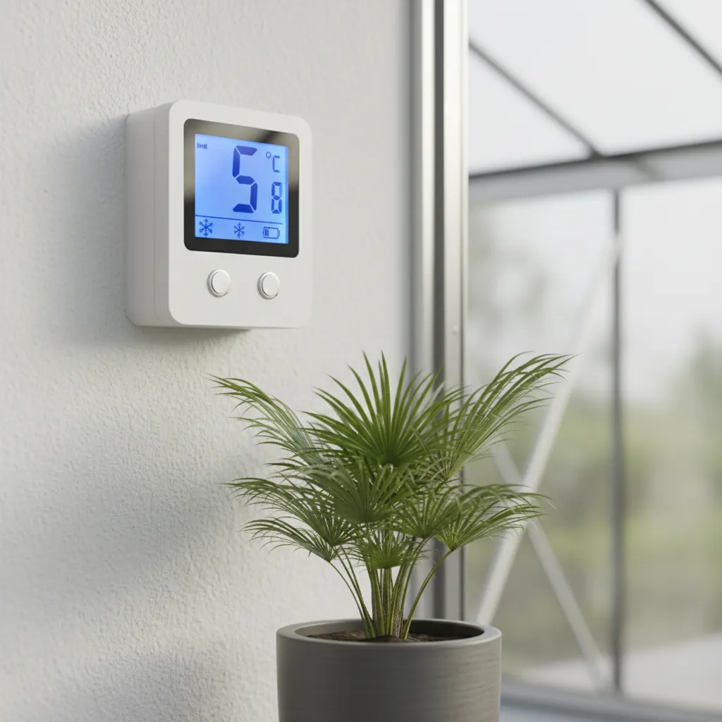 Digitaler Frostwächter mit LED-Display zeigt 5°C an, perfekt für Hanfpalme Überwinterung in modernem Gewächshaus
