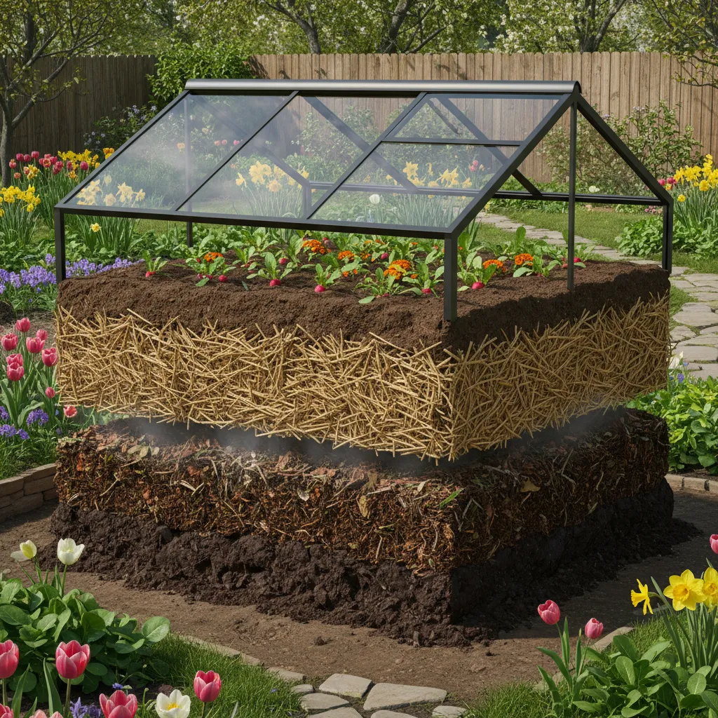 Querschnitt eines Warmbeets mit Pferdemist, Laub und Erdschichten unter Glasabdeckung für Frühbeetanbau