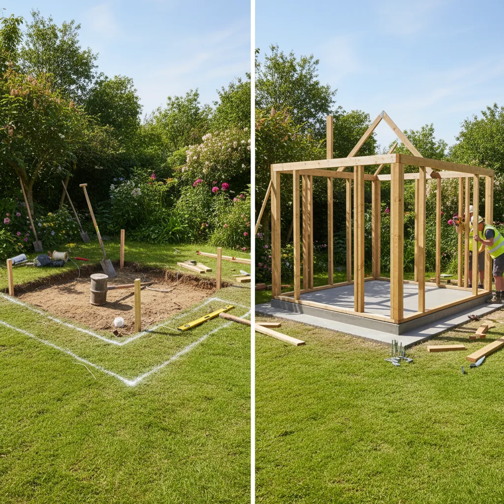 Vergleich: Vorbereitung einer Gartenhausfundamentfläche und fertiggestelltes Betonfundament mit aufgesetztem Gartenhaus