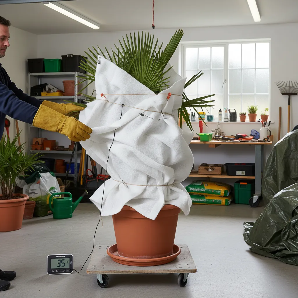 Hanfpalme im Kübel beim Überwintern mit Vlies-Schutz in einer garage, korrekte Winterschutzmaßnahme für Topfpflanzen