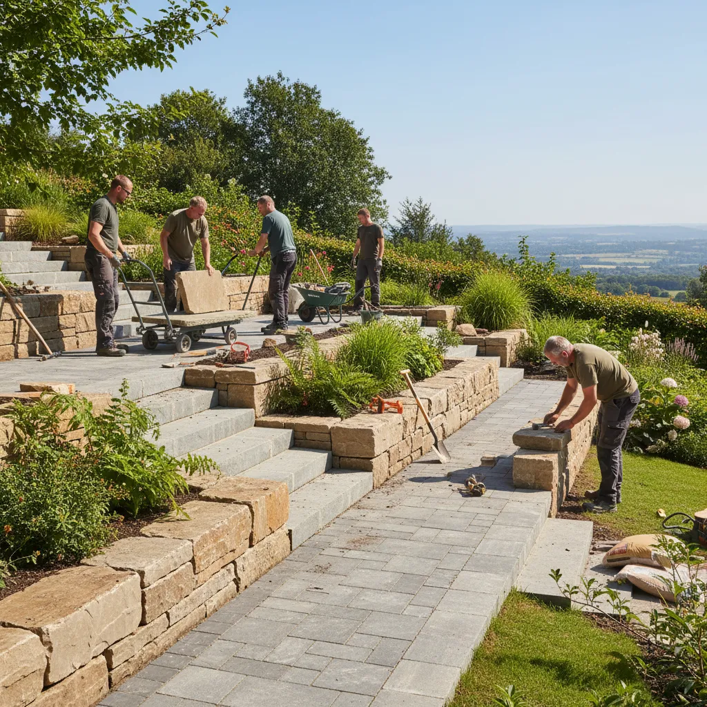 Landschaftsgärtner beim Bau einer Terrasse mit Pflastersteinen – praktische Arbeit in Fachrichtung Garten- und Landschaftsbau