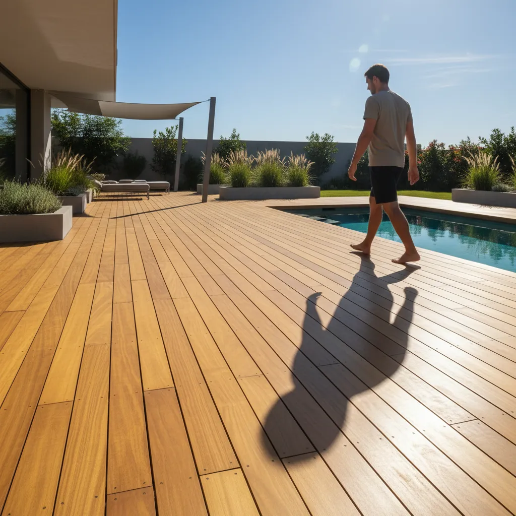 Komplett verlegte Garapa Holzterrasse mit angrenzender Poolanlage in modernem Garten, zeigt Haltbarkeit und edle Ausstrahlung