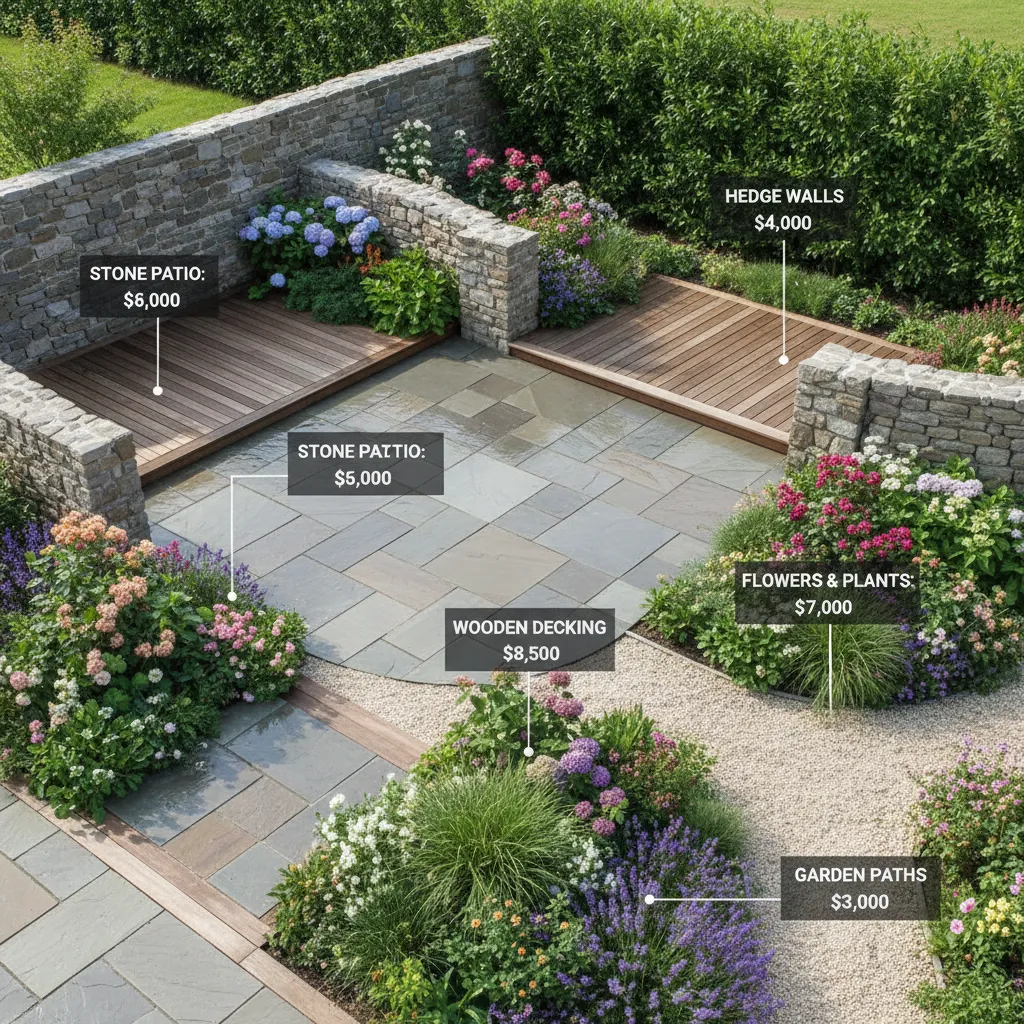 Gartengestaltung mit verschiedenen Elementen wie Terrasse, Hecke, Wege und Bepflanzung – zeigt die einzelnen Kostenfaktoren beim Garten anlegen Kosten
