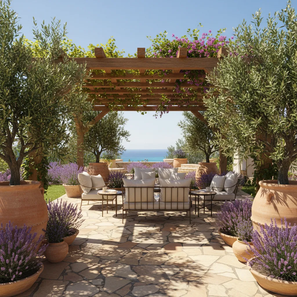 Mediterrane Gartengestaltung mit Terrakotta-Töpfen, Lavendel und Olivenbäumen in warmen Farbtönen