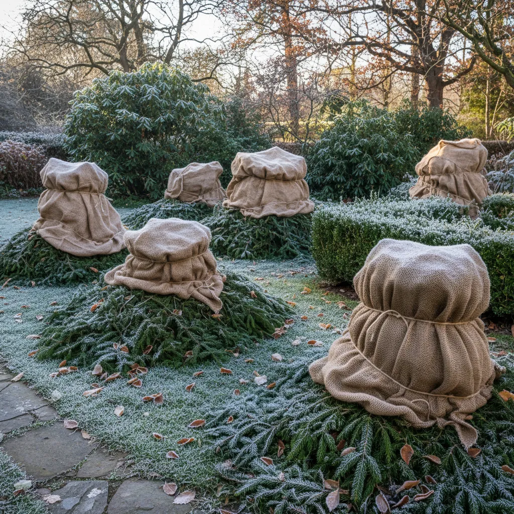 Garten winterfest machen: Immergrüne Pflanzen mit Jute und Fichtenreisig gegen Frost geschützt