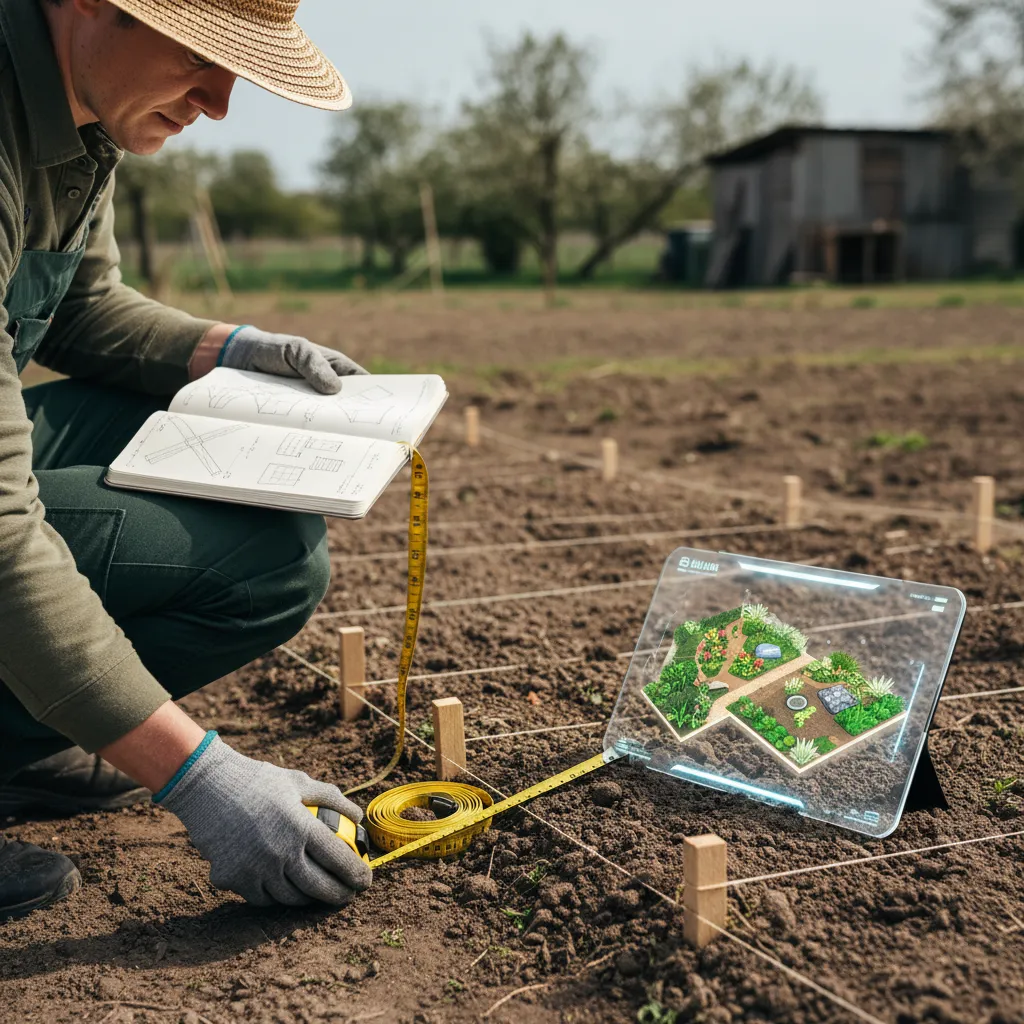 Gartenplaner bei der Aufmaßnahme und 3D-Visualisierung eines Gartens zur Neugestaltung und Planung
